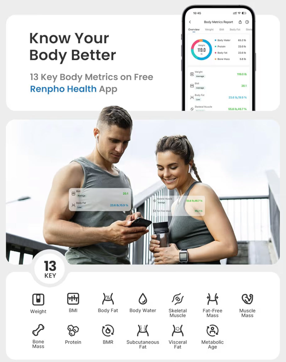 Scale for Body Weight w/ BMI, Body Fat, Muscle Mass, Bluetooth, 13 Metrics Large Display, Support App Connection (Black)
