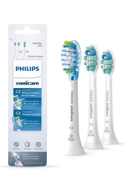 Philips Sonicare Oorspronklike Tandeborselkop Verskeidenheidspak, C3 Premium Plaque Control en C2 Optimal Control, 3 Borselkoppe, Wit, HX9023/69