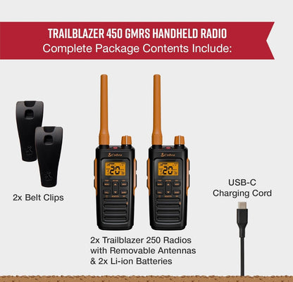 Cobra Trailblazer 450 GMRS Radio (2-pak) – IP54 Weerbestand, 16h Battery, 2.5W Langafstand Walkie-Talkies, Groot LCD-skerm, NOAA, Programmeerbare Sagteware, Verwyderbare Antenna, Herhaler-versoenbaar