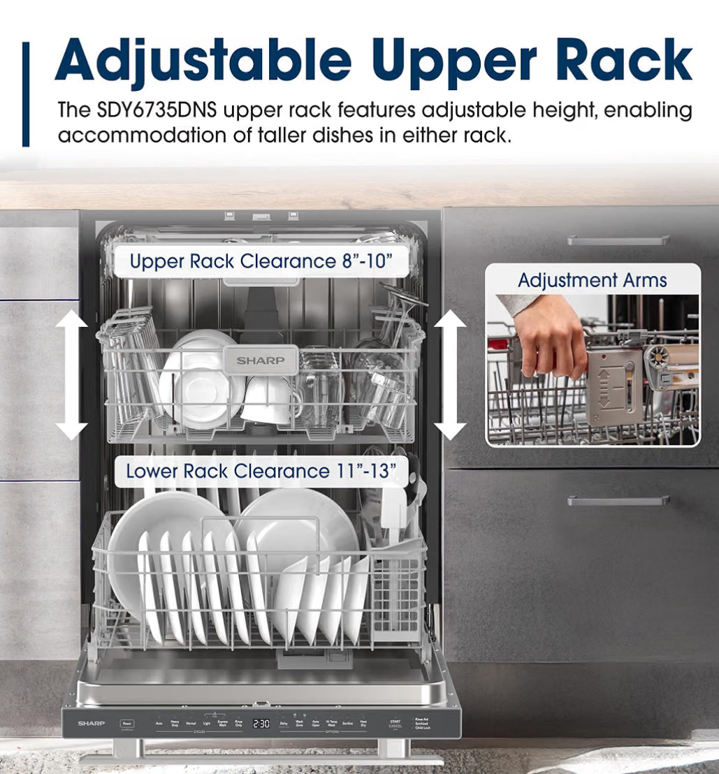 Sharp SDY6735DNS 24 in. Top Control Handle 49 dBA Dishwasher
49 dBA Quiet Operation, 16 Place Settings, Third Rack, Auto Door Open Drying