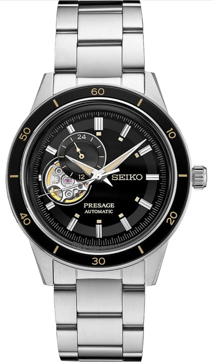 SEIKO Outomatiese Horlosie vir Mans - Presage Versameling - Swart Oop-Diafragma Wysplaat met Vintage 1960's Horlosie Inspirasie - 50M Waterbestand