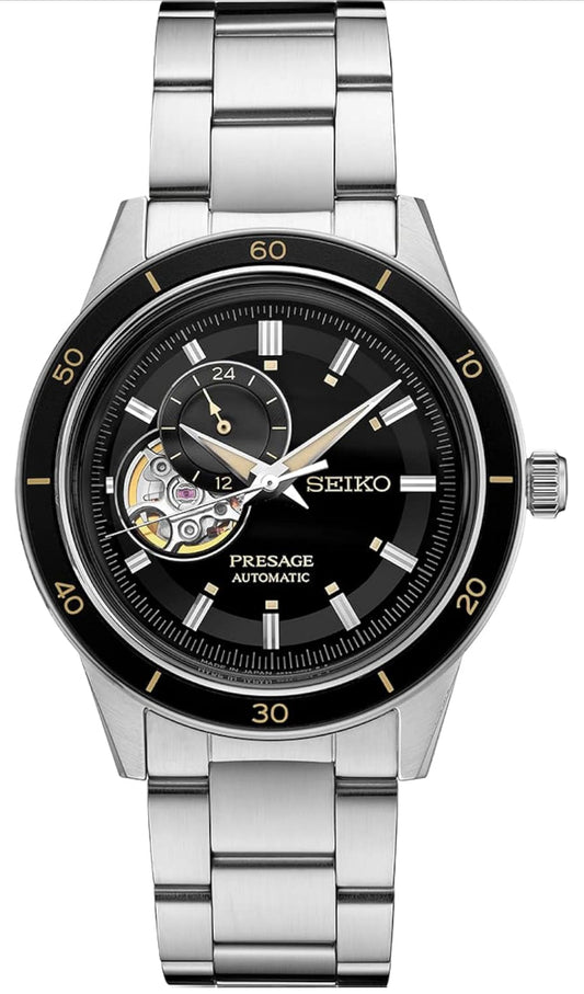 SEIKO Outomatiese Horlosie vir Mans - Presage Versameling - Swart Oop-Diafragma Wysplaat met Vintage 1960's Horlosie Inspirasie - 50M Waterbestand