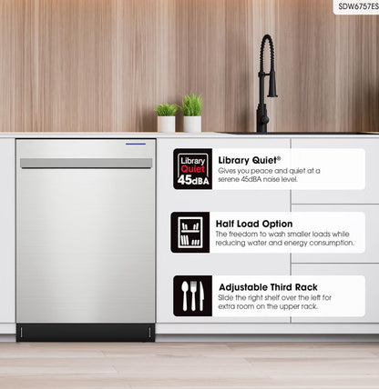Sharp SDW6757ES 24 in. Top Control Handle 45 dBA Dishwasher
Soil Sensors, Premium White LED Interior Lighting, Smooth Glide Rails, Heated Dry Option, Power Wash Zone