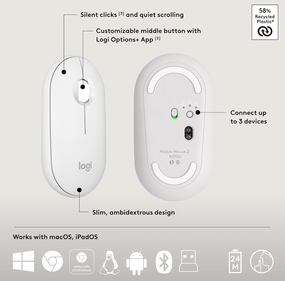 Logitech Pebble 2 Combo, Draadlose Sleutelbord en Muis, Stil en Draagbaar, Aanpasbaar, Logi Bolt, Bluetooth, Maklik-Skakel vir Windows, macOS, iPadOS, Chrome - Tonale Wit