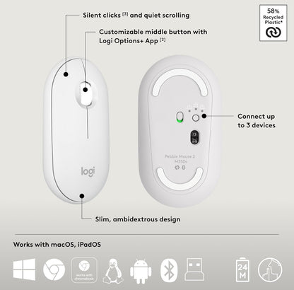 Logitech Pebble 2 Combo, Draadlose Sleutelbord en Muis, Stil en Draagbaar, Aanpasbaar, Logi Bolt, Bluetooth, Maklik-Skakel vir Windows, macOS, iPadOS, Chrome - Tonale Wit