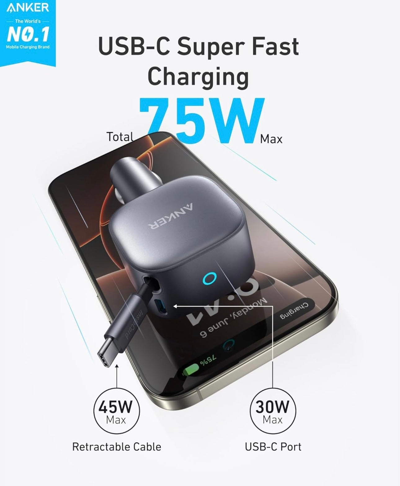 Anker USB-C Car Charger, 75W Max, Ultra-Compact, Type-C Fast Charger - NEW