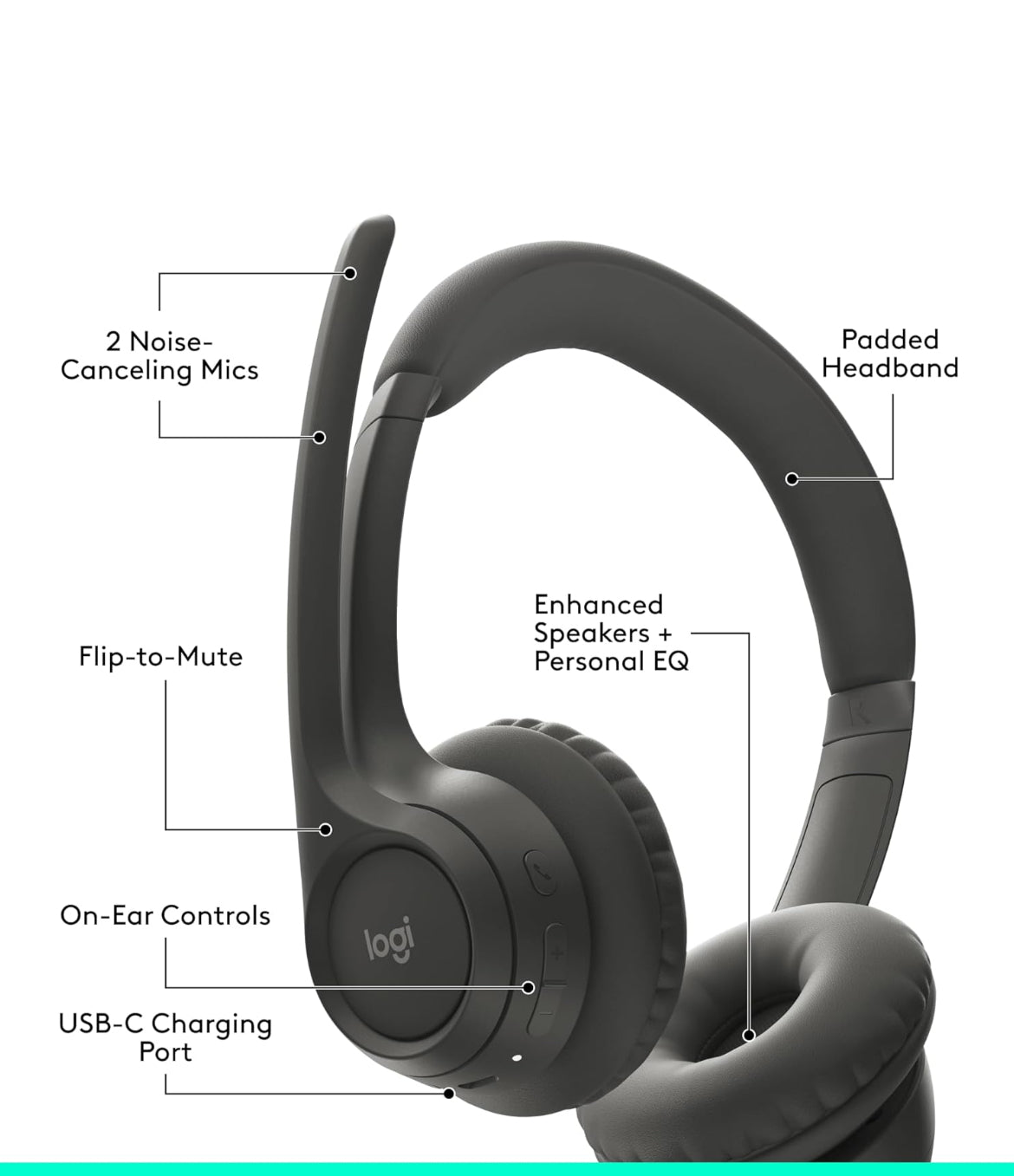 Logitech Zone 301 Draadlose Bluetooth-koptelefoon met Geraasdempende Mikrofoon, Versoenbaar met Windows, Mac, Chrome, Linux, iOS, iPadOS, Android – Grafiet