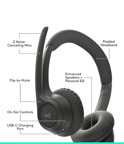 Logitech Zone 301 Draadlose Bluetooth-koptelefoon met Geraasdempende Mikrofoon, Versoenbaar met Windows, Mac, Chrome, Linux, iOS, iPadOS, Android – Grafiet
