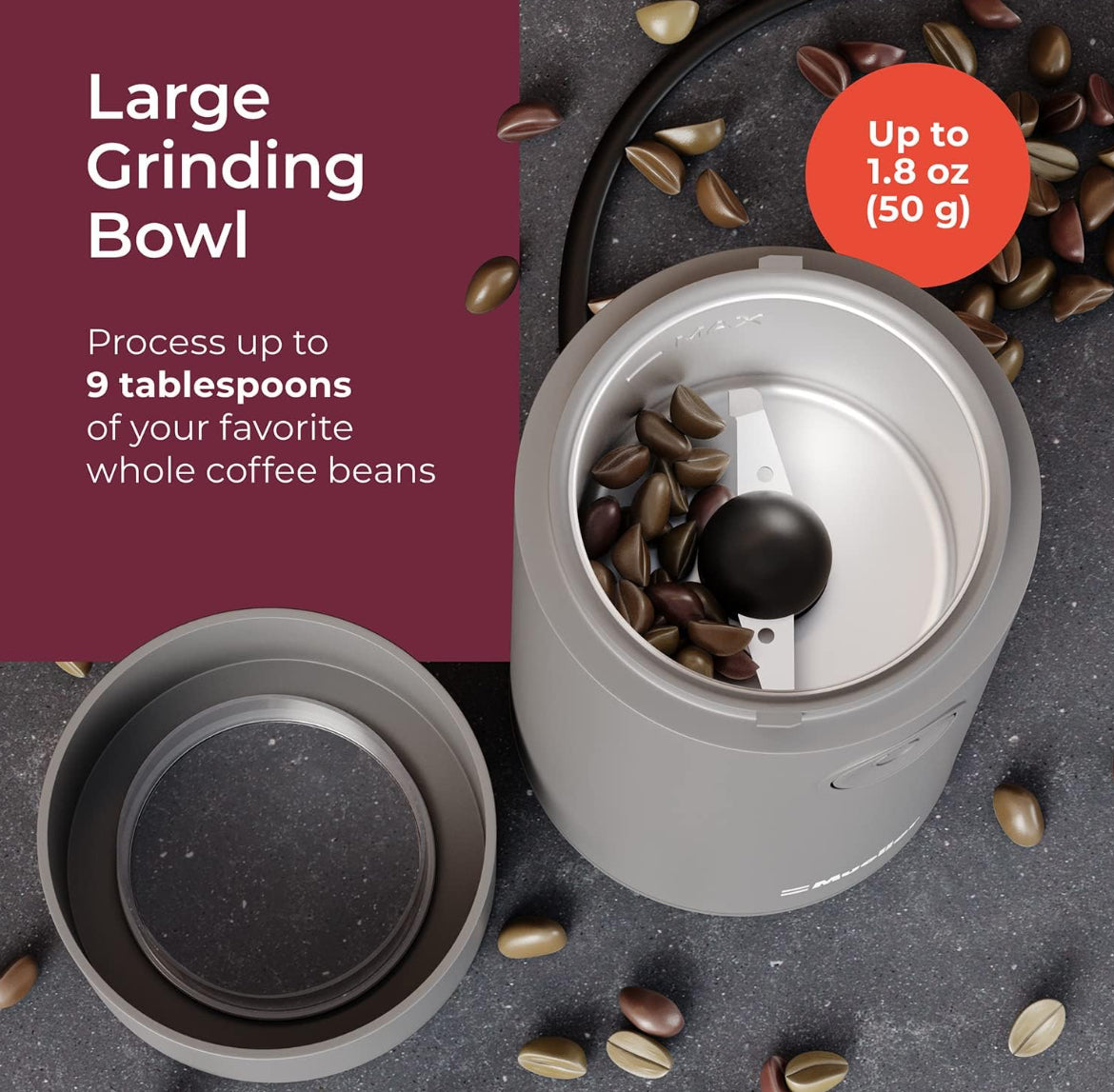 Elektriese Koffiemeul vir Speserye, Neute, Kruie en Koffiebone, Skerp Lem, Vlekvrye Staal - (Grys)