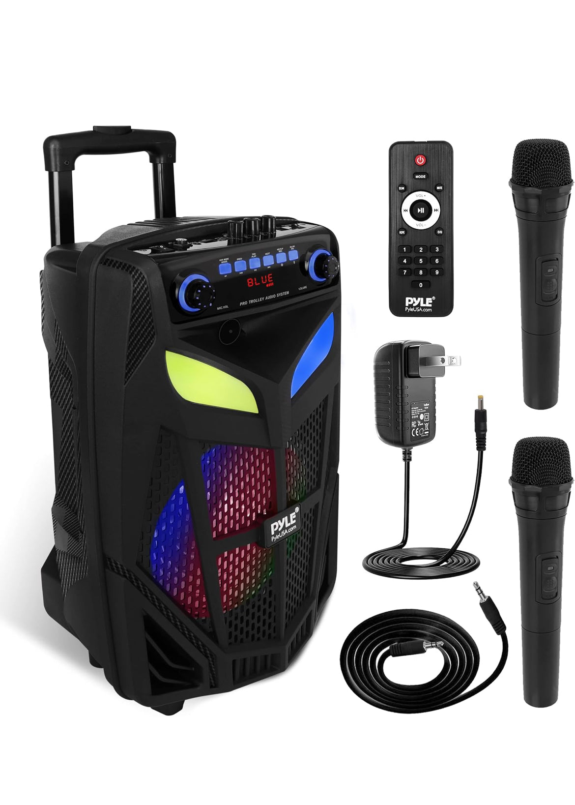 Portable Bluetooth PA Speaker System 600W 10” Outdoor BT Speaker - Includes 2 Wireless Microphones, Party Lights, USB SD Card Reader, FM Radio, Rolling Wheels - Remote Control
