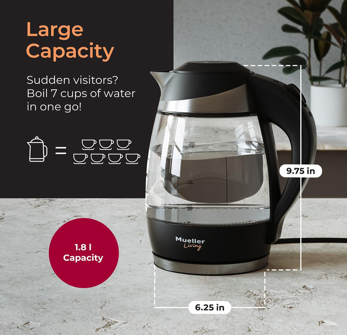 Elektriese Ketel, Elektriese Teeketel om Water Te Kook, 1500W Spoedkoker met Outomatiese Afskakeling, 1.8L Koordloos met LED-lig, Borosilikaatglas Teeketel Pot Waterverwarmer, BPA-vry