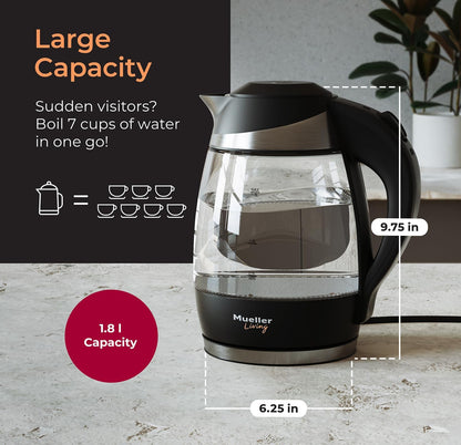 Elektriese Ketel, Elektriese Teeketel om Water Te Kook, 1500W Spoedkoker met Outomatiese Afskakeling, 1.8L Koordloos met LED-lig, Borosilikaatglas Teeketel Pot Waterverwarmer, BPA-vry