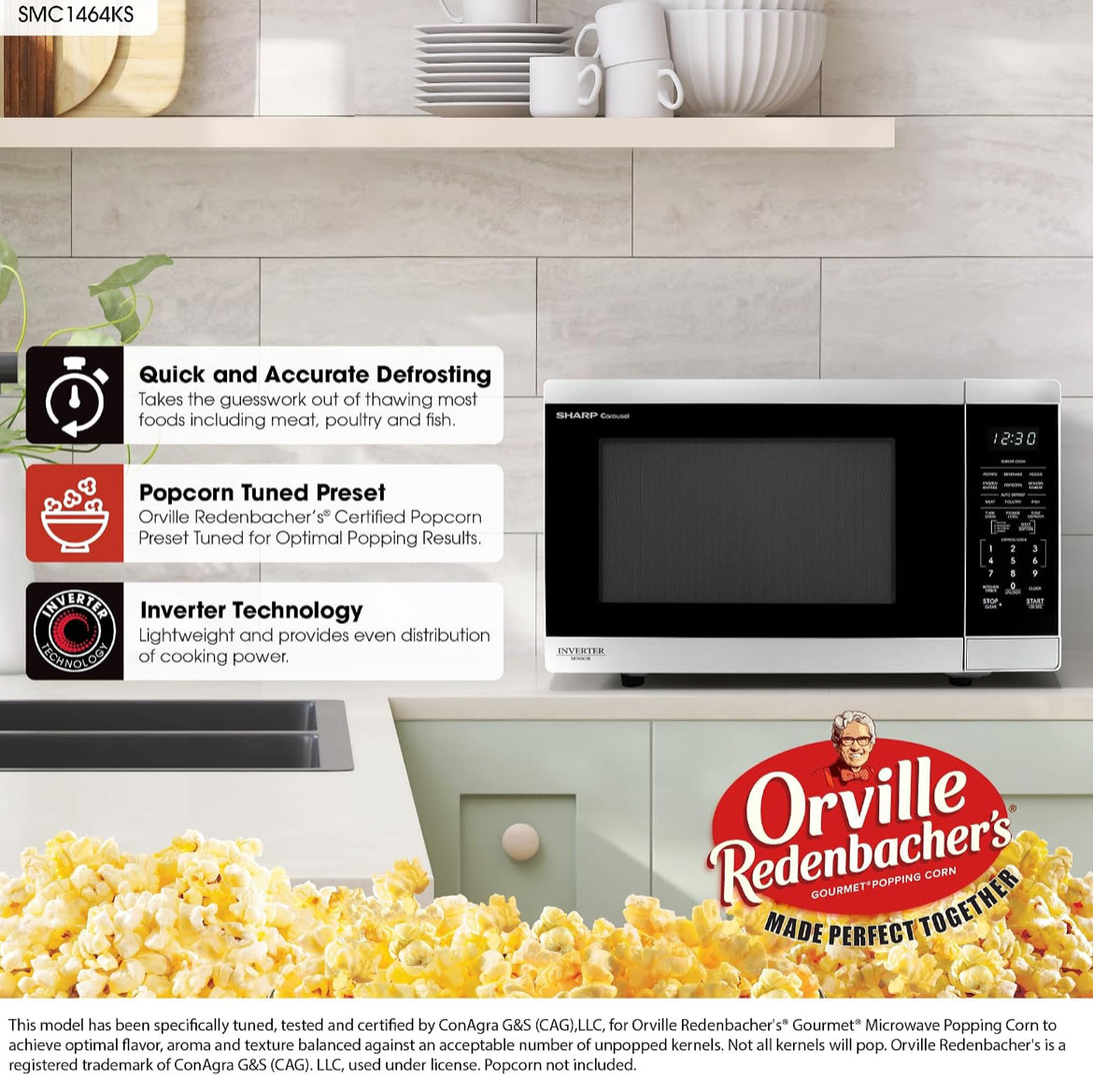 Sharp SMC1464KS 1.4 cu. ft. 1100W Stainless Steel Countertop Microwave Oven
Inverter Technology, 12.4" Carousel Turntable, Removable Turntable, Orville Redenbacher's Certified