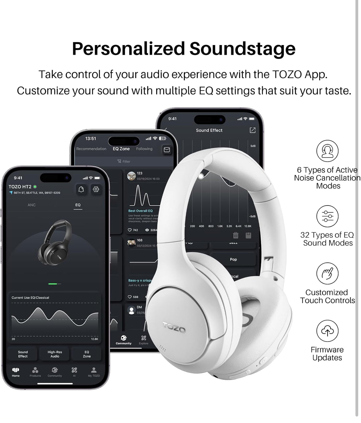 Hybrid Active Noise Cancelling Headphones, Wireless Over Ear Bluetooth, 40H Playtime, Hi-Res Audio Custom EQ, Comfort Fit Ear Cups (White)
