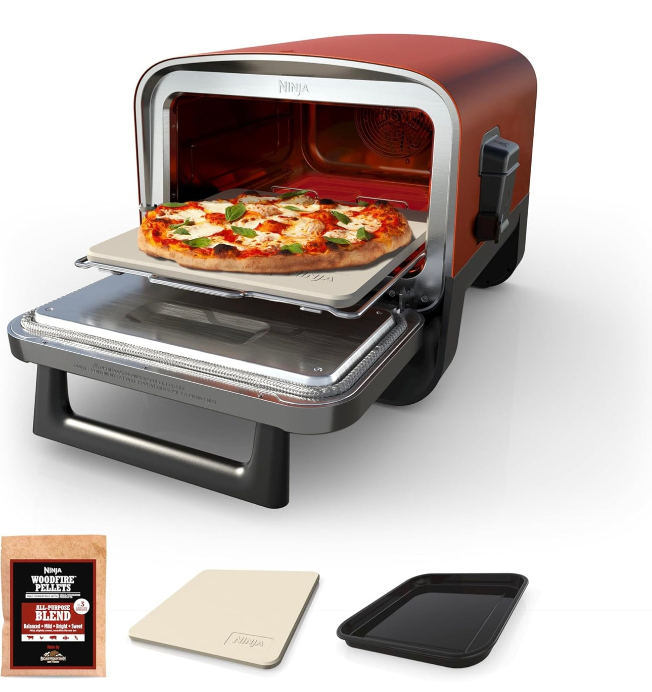 Ninja Woodfire Buite Pizza-oond, 8-in-1 Draagbare Elektriese Braai-oond, Verhit tot 370°C, 5 Vakman Pizza-instellings, Geïntegreerde Braairookkas, Sluit Gegeurde Houtpille in, Terracotta Rooi
