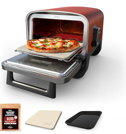 Ninja Woodfire Buite Pizza-oond, 8-in-1 Draagbare Elektriese Braai-oond, Verhit tot 370°C, 5 Vakman Pizza-instellings, Geïntegreerde Braairookkas, Sluit Gegeurde Houtpille in, Terracotta Rooi