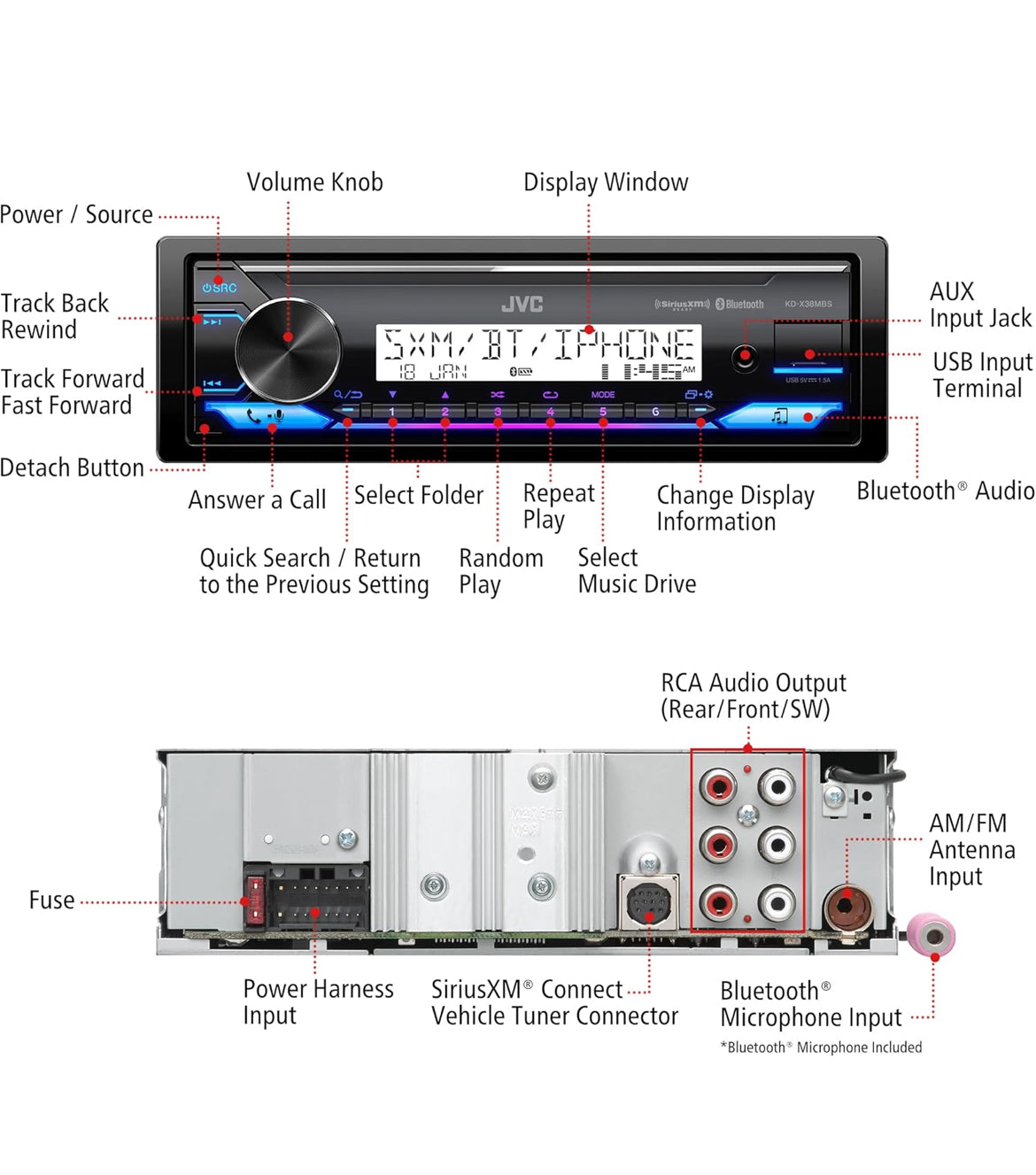 JVC KD-X38MBS Motor- en Mariene Digitale Media-ontvanger met Bluetooth, USB, SiriusXM-gereed, Versoenbaar met Amazon Alexa, Konformeelbedekte PCB