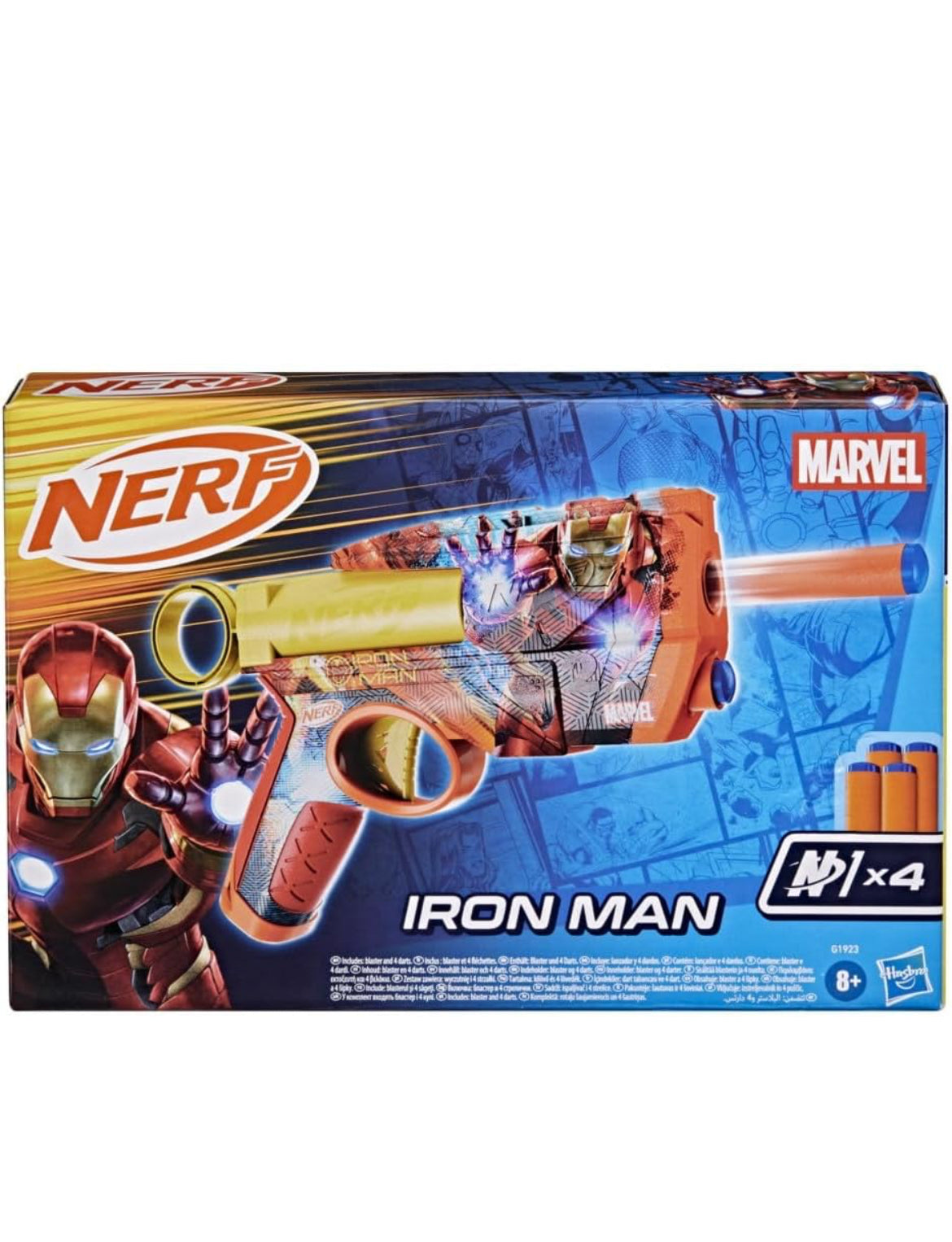 Nerf Marvel Iron Man Dart Blaster | 4 Nerf N1 Foam Darts | Iron Man-Inspired Blaster Skin Designs | Kids Gifts |Outdoor Toys & Games for Ages 8+