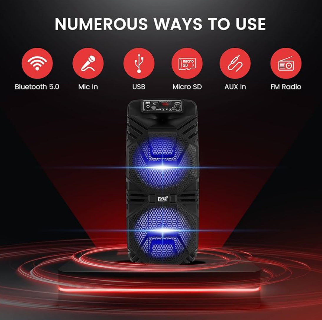 Rechargeable Portable Bluetooth PA Speaker 600W Outdoor System w/ Dual 8” Subwoofer 1” Tweeter, Microphone In, Party Lights, USB, Radio, Remote