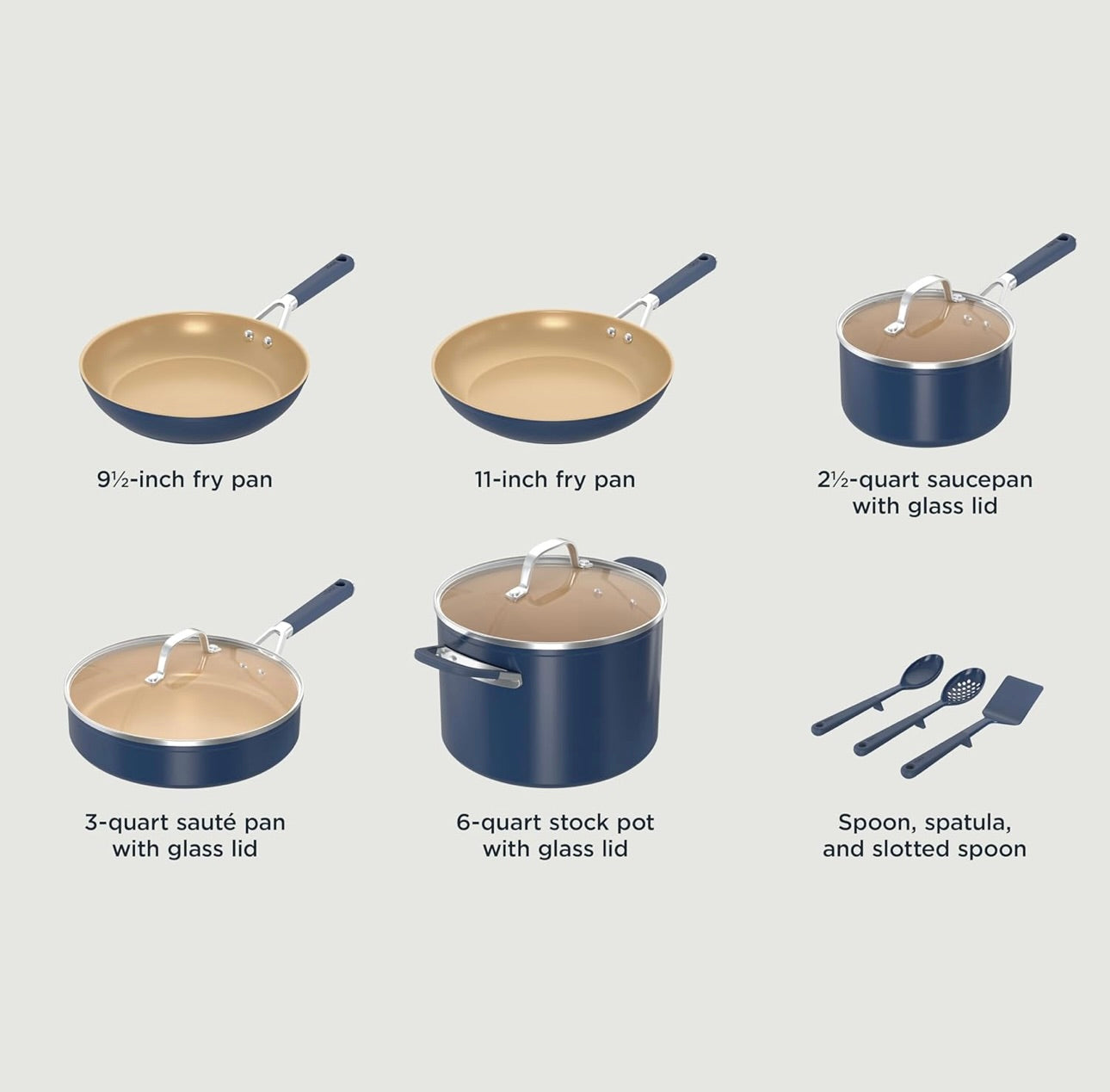 Ninja Keramiek-kookware-stel, Verlengde Lewe 11-stuk Kombuiskookware-stelle met Gemaklike Greep, Kleefvrye Braaipanne, Potte, PTFE-vry, Oond- en Skottelgoedwasser Veilig, Stoofplaat Versoenbaar, Vlootblou, CW49011