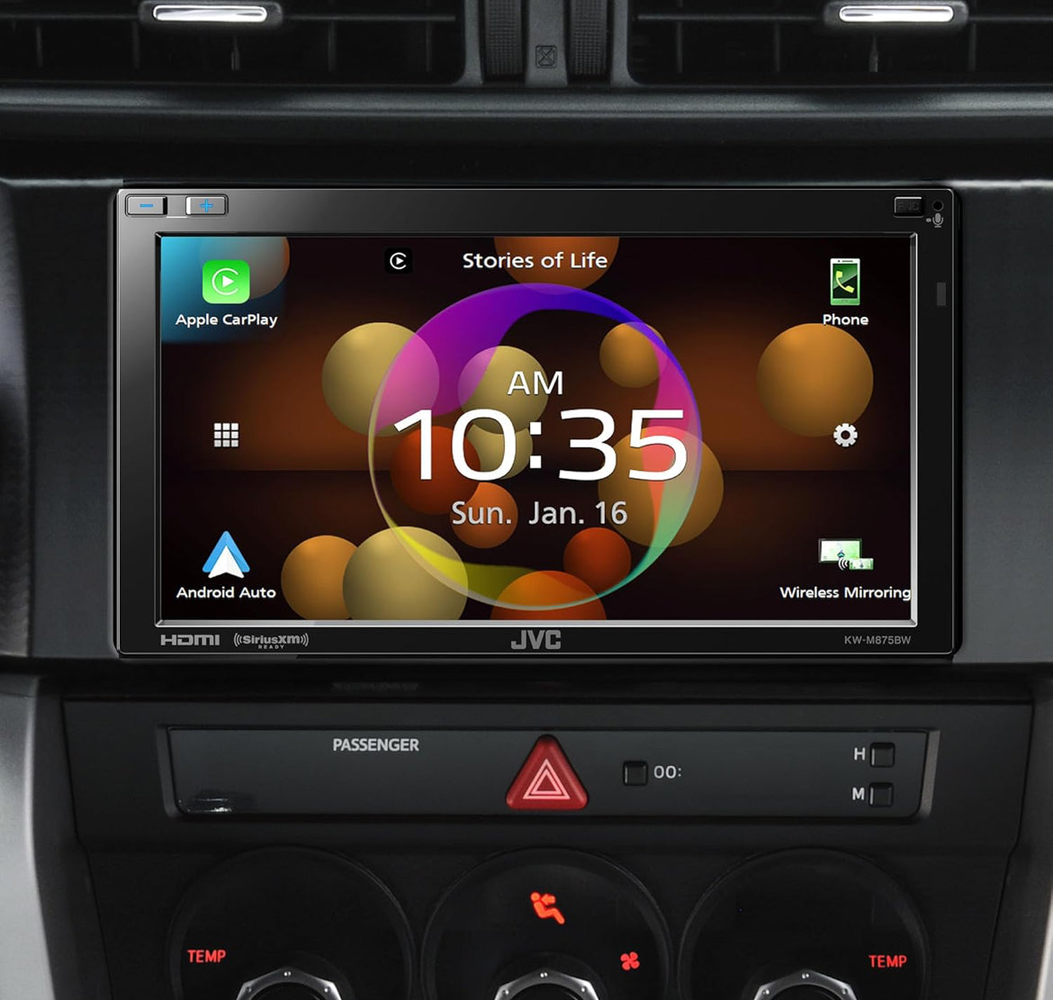 JVC Built in Wi-Fi for Wireless CarPlay Android Auto, 6.8" LCD Touchscreen Display, AM/FM, Bluetooth, MP3 Player, USB Port, Double DIN, 13-Band EQ, SiriusXM Car Radio