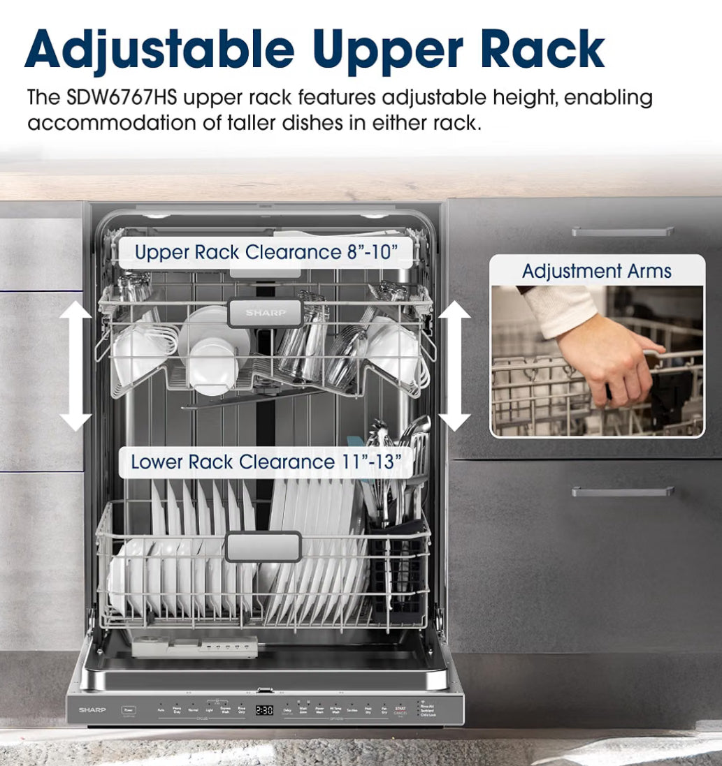 SHARP SDW6767HS Smart Dishwasher Works with Alexa. Includes LED Interior lights, Stainless Steel interior, Heated Dry with Fan Assist, Wash Zone cleans half load on either rack, Adjustable Third Rack