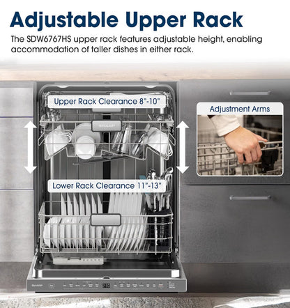 SHARP SDW6767HS Smart Dishwasher Works with Alexa. Includes LED Interior lights, Stainless Steel interior, Heated Dry with Fan Assist, Wash Zone cleans half load on either rack, Adjustable Third Rack