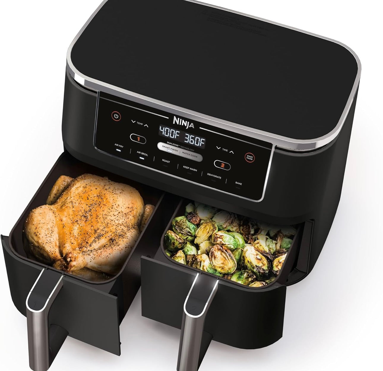 Ninja Air Fryer Finish Cooking Multiple Foods at the Same Time 6-in-1  (Air Fry, Broil, Roast, Keep Warm, Dehydrate, Bake) - 5 QT Baskets (DZ302)