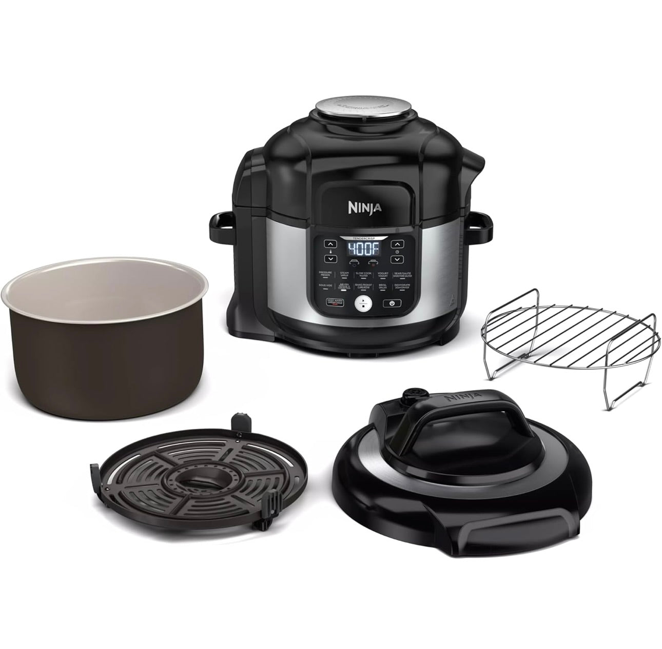 Ninja Foodi Air Fryer Pressure Cooker Combo 11-in-1 Pro 6.5 qt. Pressure Cooker & Air Fryer that Steams, Slow Cooks and More with 4.6 qt Crisper Plate, Broil Rack & Recipe Book, FD302, Silver/Black