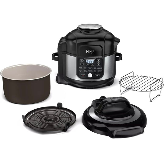 Ninja Foodi Lugbraaier Drukkoker Kombinasie 11-in-1 Pro 6.5 qt. Drukkoker & Lugbraaier wat Stoom, Stadig Kook en Meer met 4.6 qt Knyperplaat, Braairooster & Resepboek, FD302, Silwer/Swart