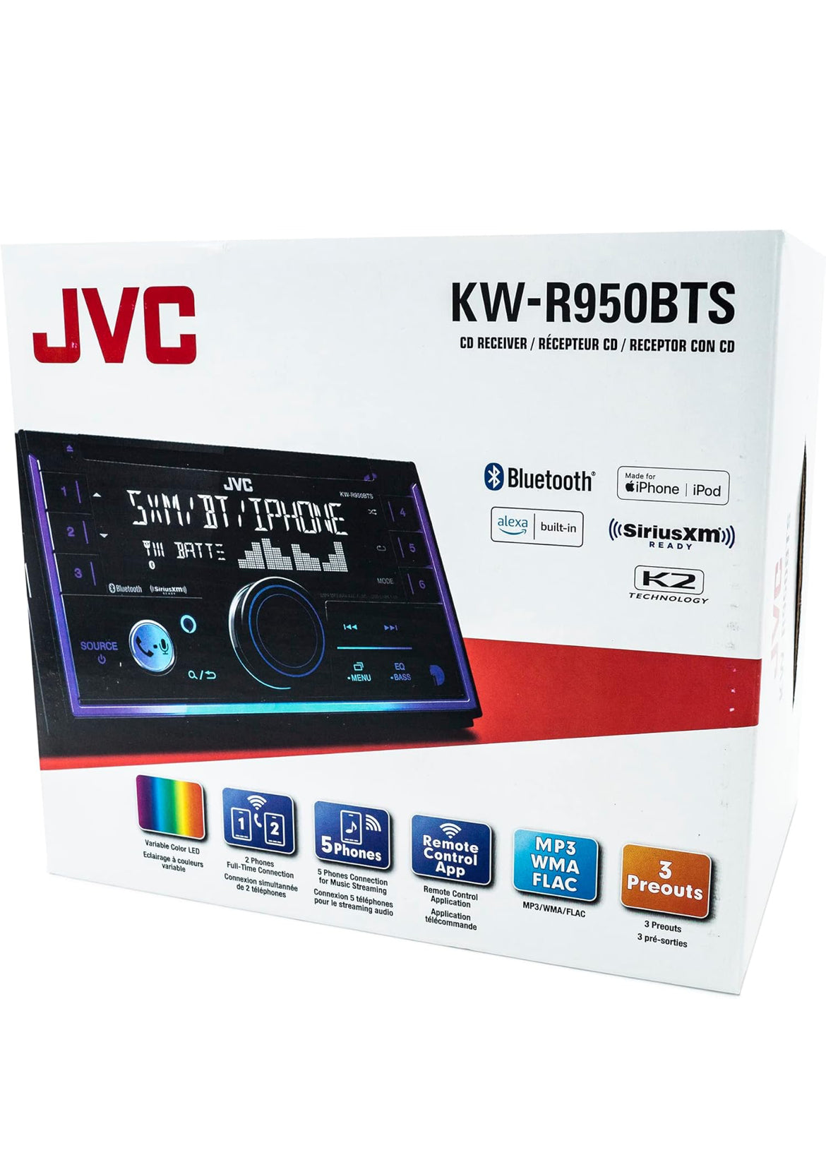 JVC KW-R950BTS Bluetooth Car Stereo Receiver with USB Port – LCD Display - AM/FM Radio - MP3 Player - Double DIN – 13-Band EQ (Black)