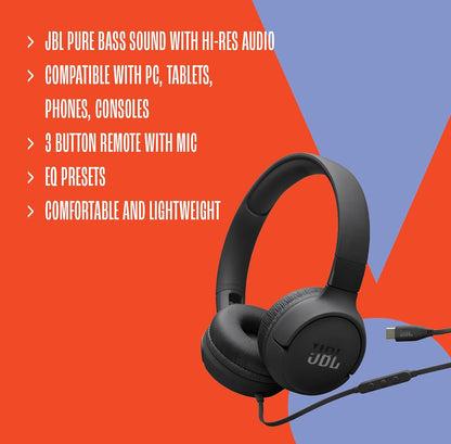 JBL Tune 520C - Bedrade On-Ear-koptelefoon met USB-C, Hi-Res Klankondersteuning, Suiwer Basklank, Gemaklike Pasvorm, USB-C-konnektiwiteit, 3-Knoppie Afstandbeheer met Mikrofoon en EQ-voorinstellingsbeheer (Wit)