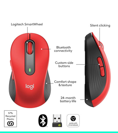 Logitech Wireless Muis Signature M650 L Volgrootte - Groot Hande, Stil Klieks, Aanpasbare Knoppies, Bluetooth, rekenaar/Mac/Chromebook - Klassieke Rooi, Regshandig, Groot