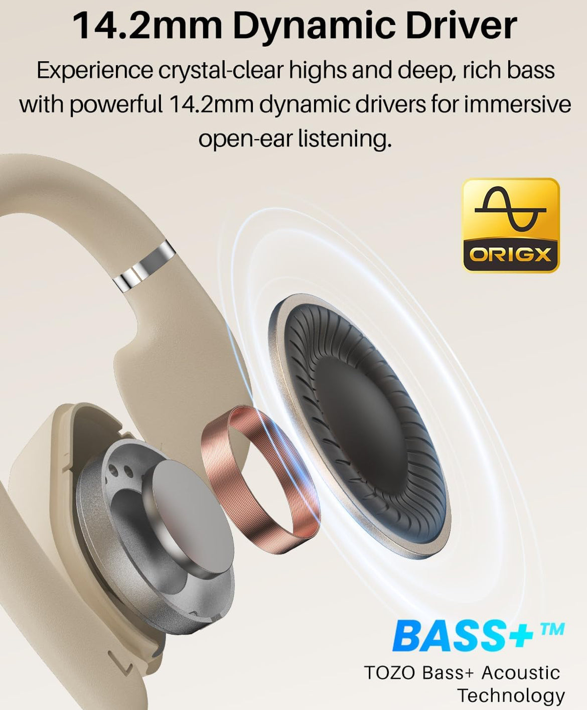 OpenWear Open Ear Headphones, Adjustable Ear Hooks, Ultra Comfort, Bass Bluetooth Headphones 5.4 with Smart Digital Display (Khaki)