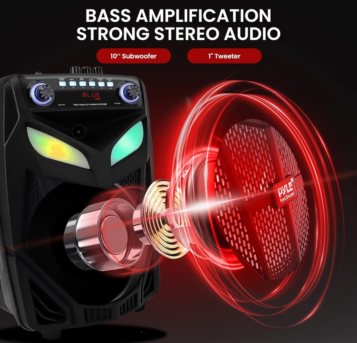 Portable Bluetooth PA Speaker System 600W 10” Outdoor BT Speaker - Includes 2 Wireless Microphones, Party Lights, USB SD Card Reader, FM Radio, Rolling Wheels - Remote Control