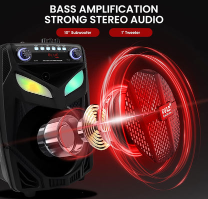 Portable Bluetooth PA Speaker System 600W 10” Outdoor BT Speaker - Includes 2 Wireless Microphones, Party Lights, USB SD Card Reader, FM Radio, Rolling Wheels - Remote Control