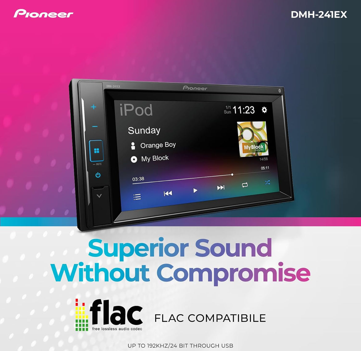 Pioneer DMH-241EX 6.2" Resistive Touchscreen Double Din Car Stereo
Digital Multimedia Receiver, Bluetooth, Backup Camera, AM/FM Radio, FLAC, USB, Short Chassis, 13-Band EQ, 50W x 4 Output