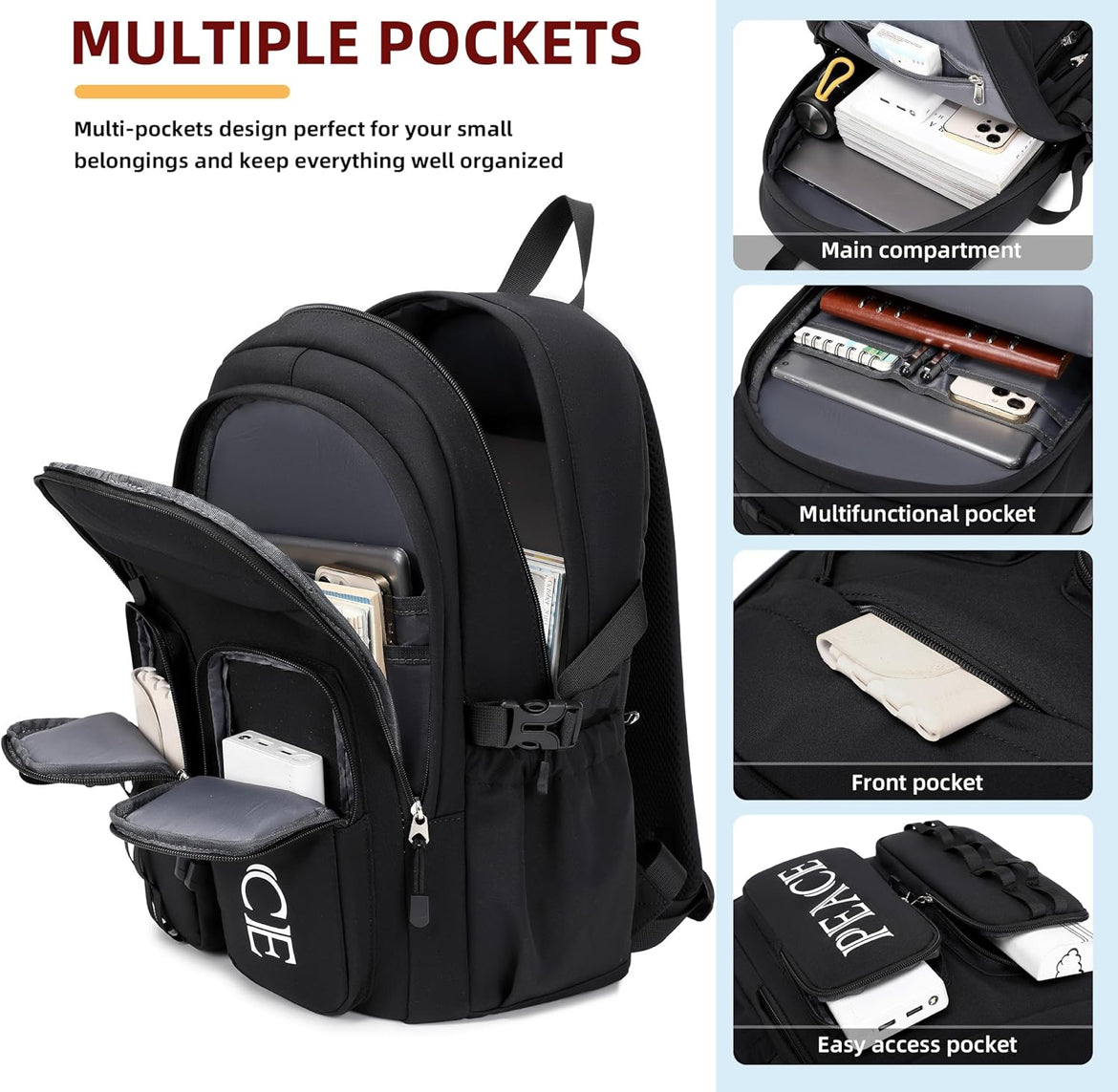 College Bookbag Laptop Backpacks 15.6 Inch Kids Elementary School Bag for Teens Girls Boys Water Resistant Sport Travel Back Pack Women Men Work Business Computer Rucksack Black