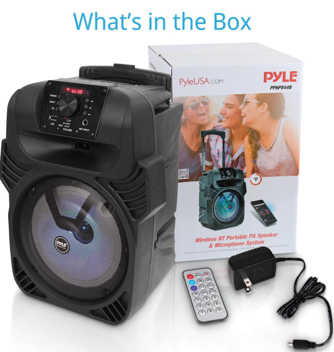 Rechargeable 8" Portable Bluetooth Speaker 500W Indoor/Outdoor Karaoke Machine Sound System - Multi-Color LED Party Lights, Mic Input, FM Radio, MP3/USB & Remote Control (Black)