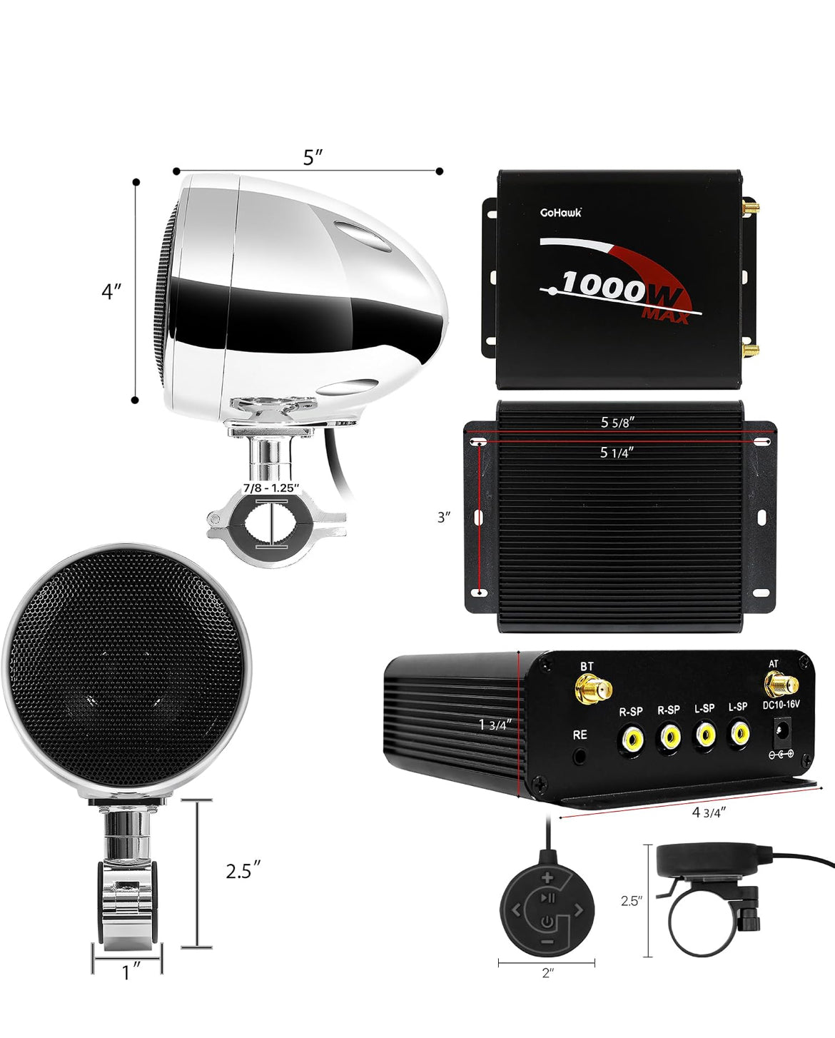 Motorcycle Speakers Bluetooth 4 Inch Waterproof Radio Audio System
1000W Amplifier, Remote Control, AUX USB SD FM Radio, Fits 7/8"–1-1/4" bar for ATVs/Motorcycles, 12 Volt Vehicles