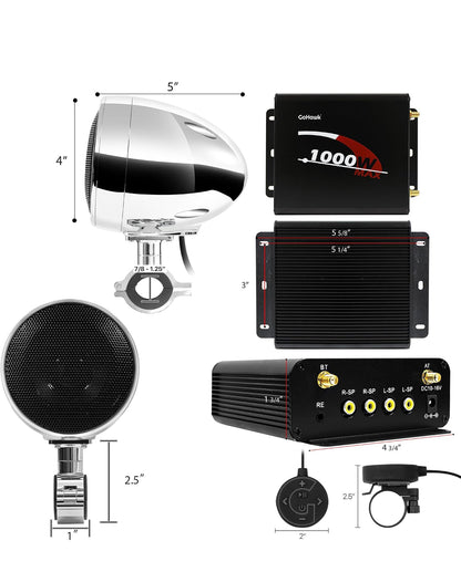 Motorcycle Speakers Bluetooth 4 Inch Waterproof Radio Audio System
1000W Amplifier, Remote Control, AUX USB SD FM Radio, Fits 7/8"–1-1/4" bar for ATVs/Motorcycles, 12 Volt Vehicles