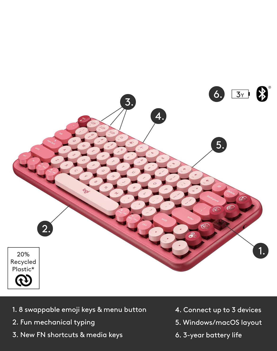 Logitech POP Meganiese Draadlose Sleutelbord met Aanpasbare Emoji-sleutels, Duursame Kompakte Ontwerp, Bluetooth- of USB-verbinding, Multi-toestel, OS-versoenbaar - Heartbreaker Rose