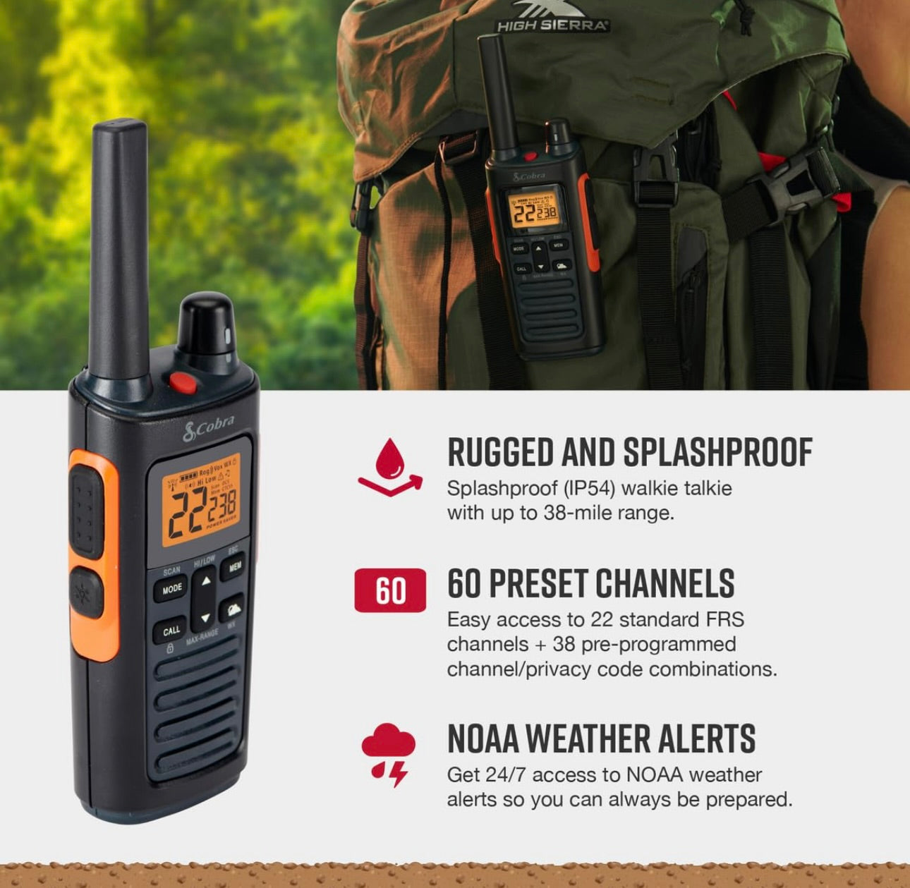 Cobra RX680 Walkie Talkies (2-pak) - Stewige en spatvaste tweeradio’s met lang reikafstand, IP54 Waterbestande ontwerp, 60 Vooraf-geprogrammeerbare kanale, Weerwaarskuwings, Ingeslote laaidok (Swart/Oranje)