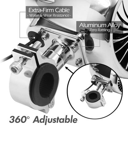 Motorcycle Speakers Bluetooth 4 Inch Waterproof Radio Audio System
1000W Amplifier, Remote Control, AUX USB SD FM Radio, Fits 7/8"–1-1/4" bar for ATVs/Motorcycles, 12 Volt Vehicles