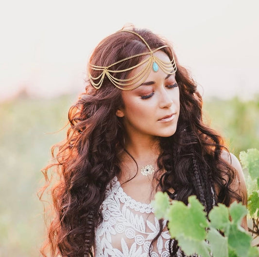 6 Stuks Goue Kopketting Juweliersware Boho Bruidshoofstuk Turkoois Kwassie Hoofbande Boho Haarbykomstighede vir Vroue en Meisies