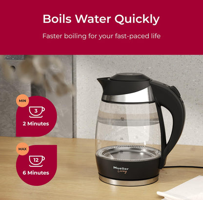 Elektriese Ketel, Elektriese Teeketel om Water Te Kook, 1500W Spoedkoker met Outomatiese Afskakeling, 1.8L Koordloos met LED-lig, Borosilikaatglas Teeketel Pot Waterverwarmer, BPA-vry