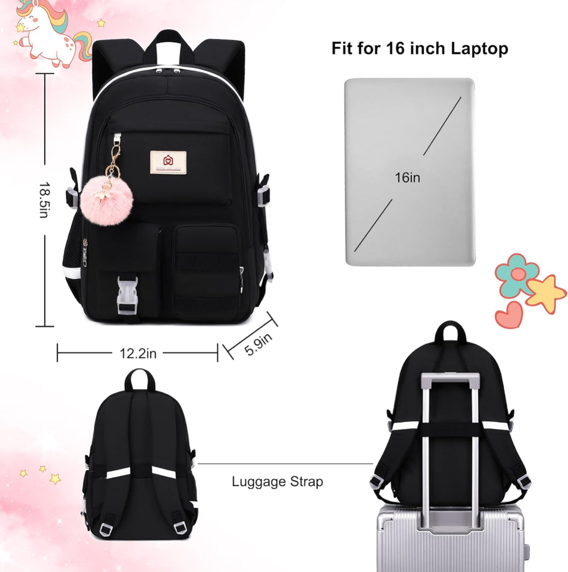 Backpack for Girls Laptop Backpacks 15.6 Inch College Cute Bookbag Anti Theft Primary Elementary School Bag Casual Daypack for Students Teens Girl Women (Black)