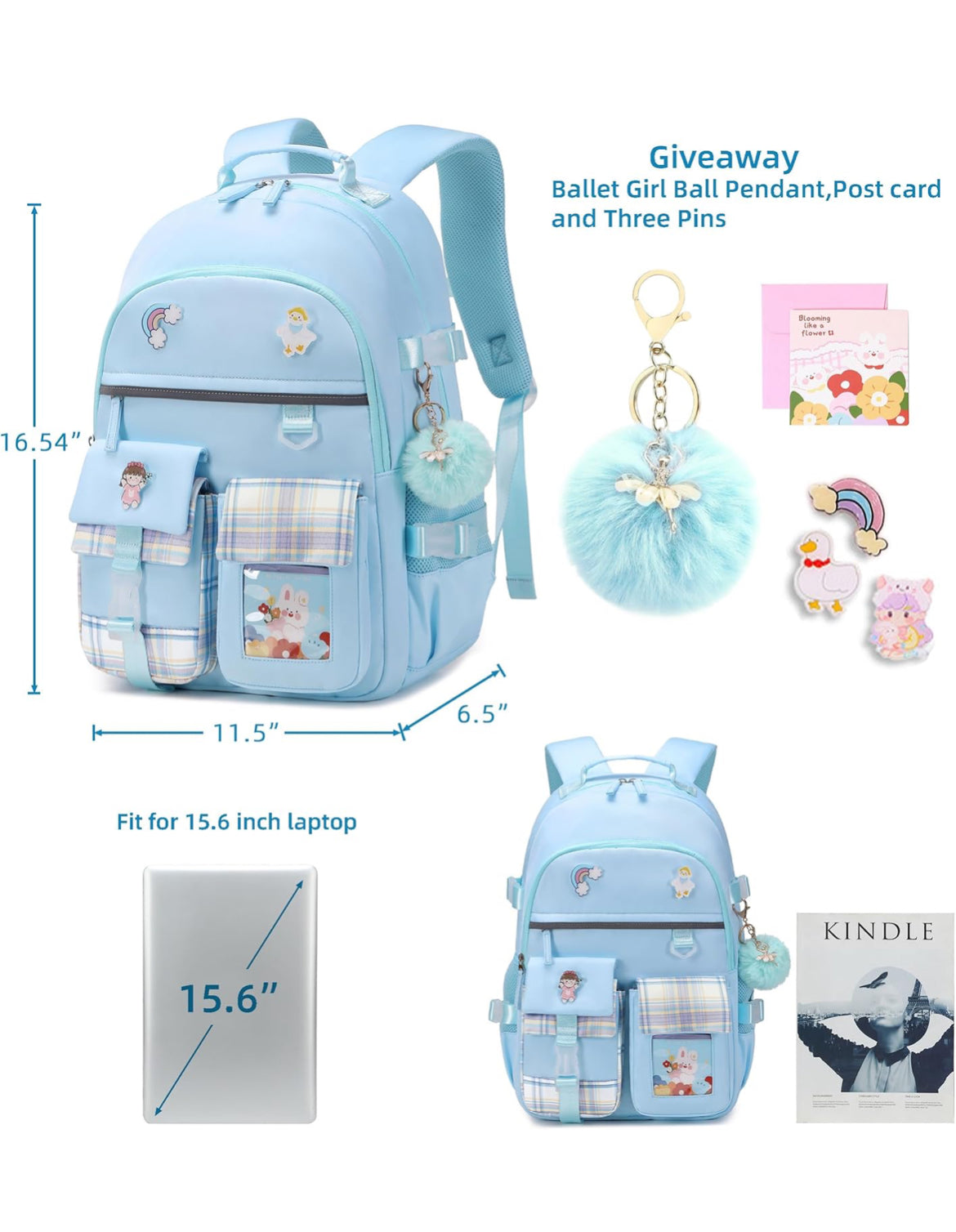 Backpack for Girls, 15.6 Inch Laptop School Bag Kids Kindergarten Elementary College Backpacks Large Bookbags for Teen Girl Women Students Casual Travel Daypacks (Blue)