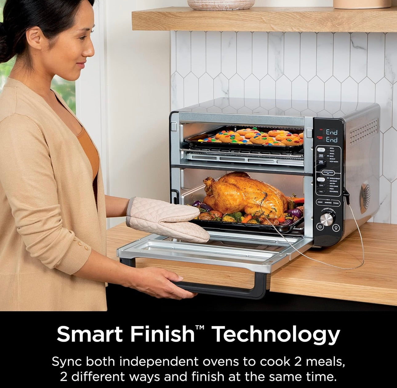 Ninja DCT451 12-in-1 Smart Double Oven with FlexDoor, Thermometer, FlavorSeal, Smart Finish, Rapid Top Convection and Air Fry Bottom - Stainless Steel
