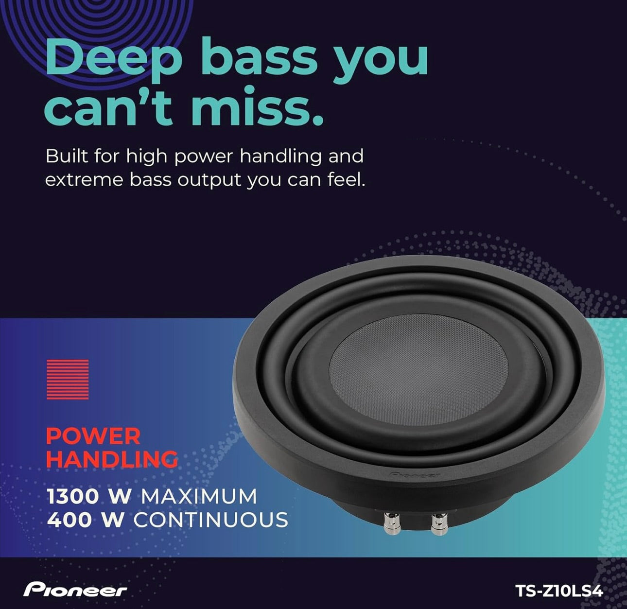 Pioneer TS-Z10LS4 10” Oorgroot Subwoofer, Vlak Ontwerp, Maklike Installasie en Buigsame Pasvorm, 1300 Watt Spitskrag, Enkel 4 Ohms Spreekspoel vir Diep, Verbeterde Bassweergawe